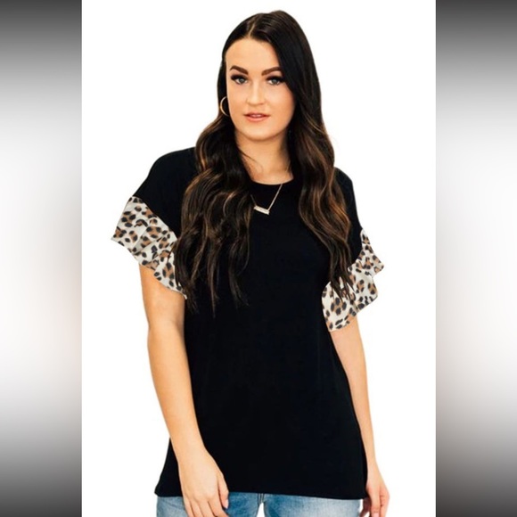 BLACK Leopard Ruffle Sleeve Top - Picture 2 of 2